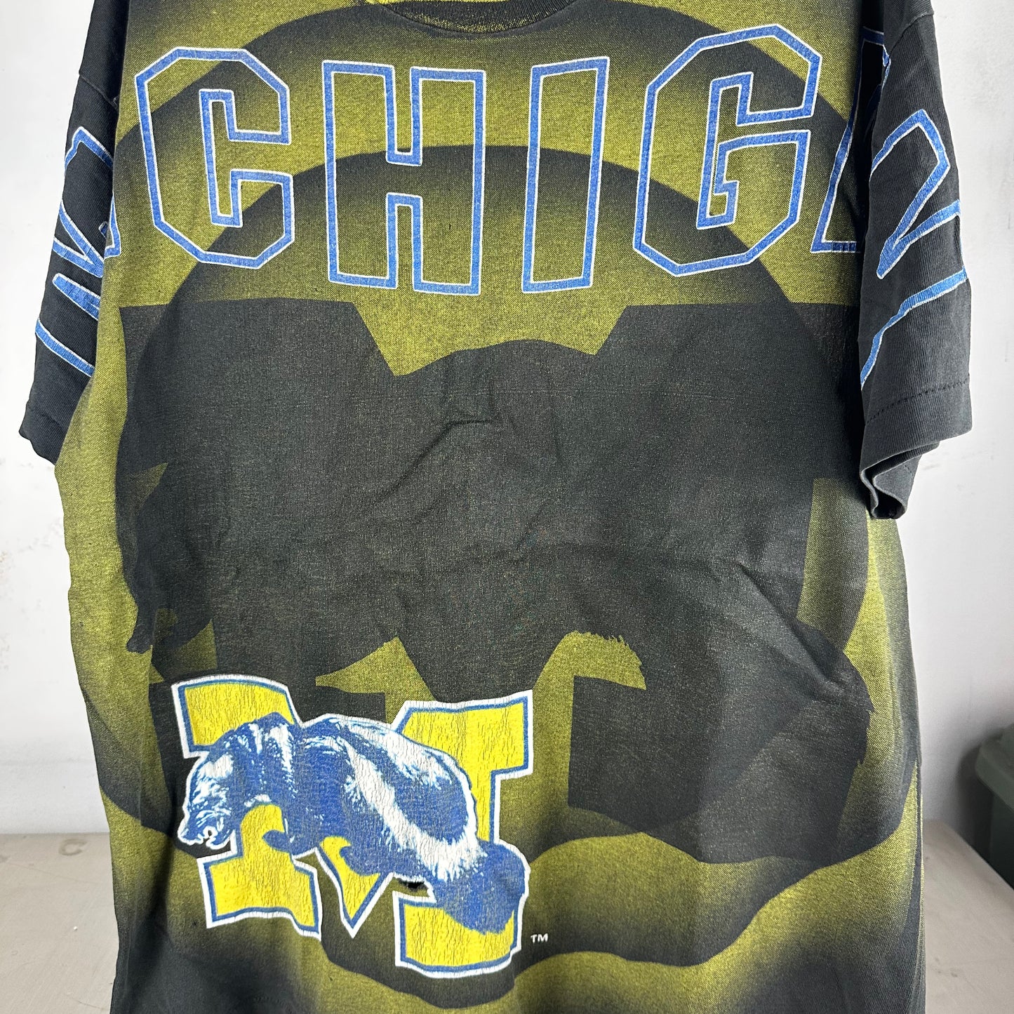 Vintage 90s Michigan Wolverines NCAA Shadow AOP Single Stitch T-shirt