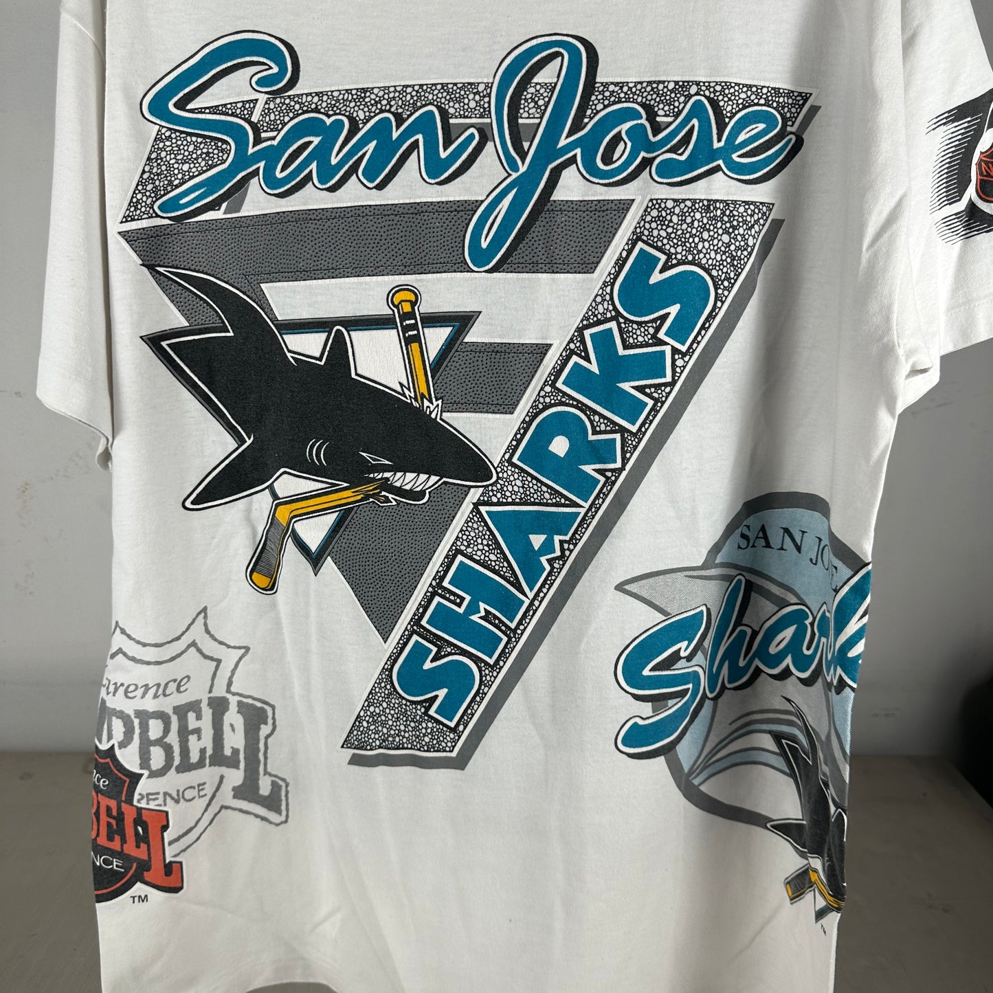Vintage 1991 San Jose Sharks Hockey NHL Bulletin Athletic AOP T-shirt