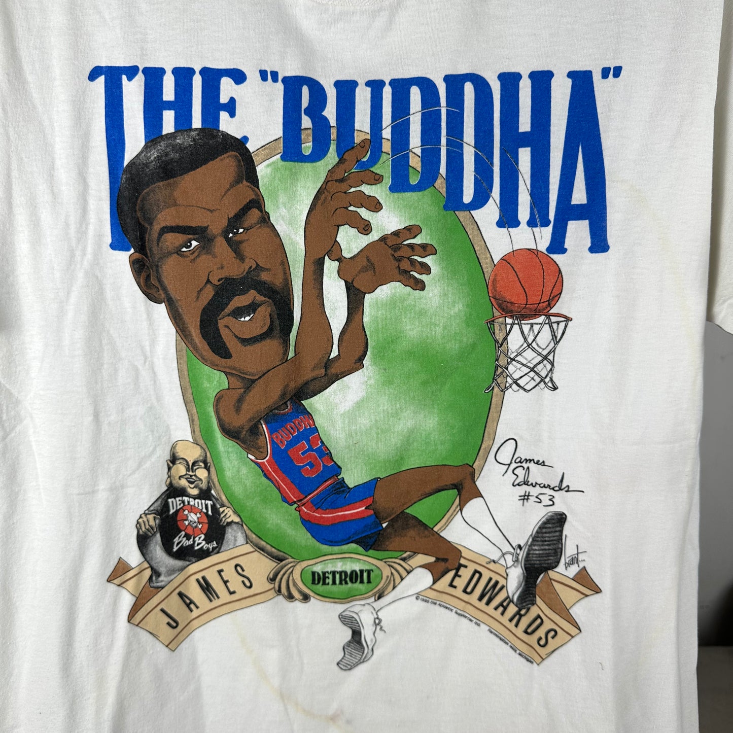 Vintage 1990 James Edwards The Buddha Detroit Pistons NBA Caricature T-shirt