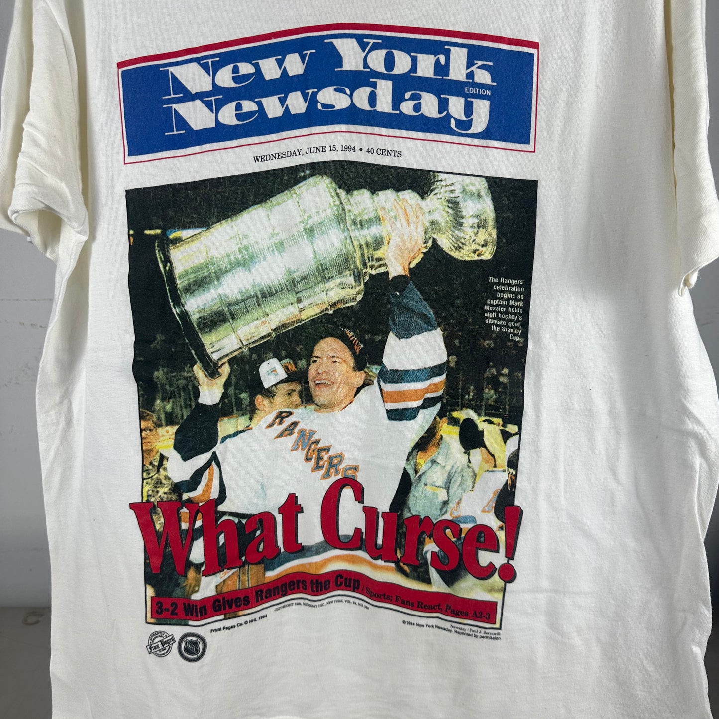 Vintage 1994 New York Rangers NHL What Curse! Newspaper Single Stitch T-shirt