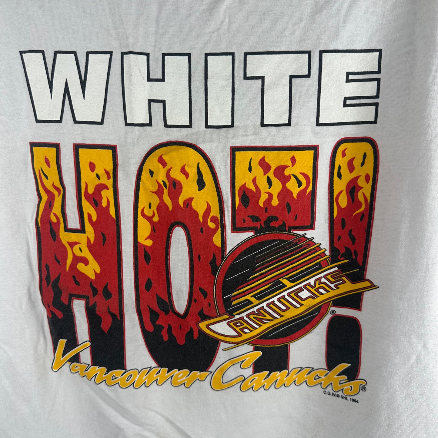 Vintage 1994 Vancouver Canucks NHL White Hot! Single Stitch T-shirt