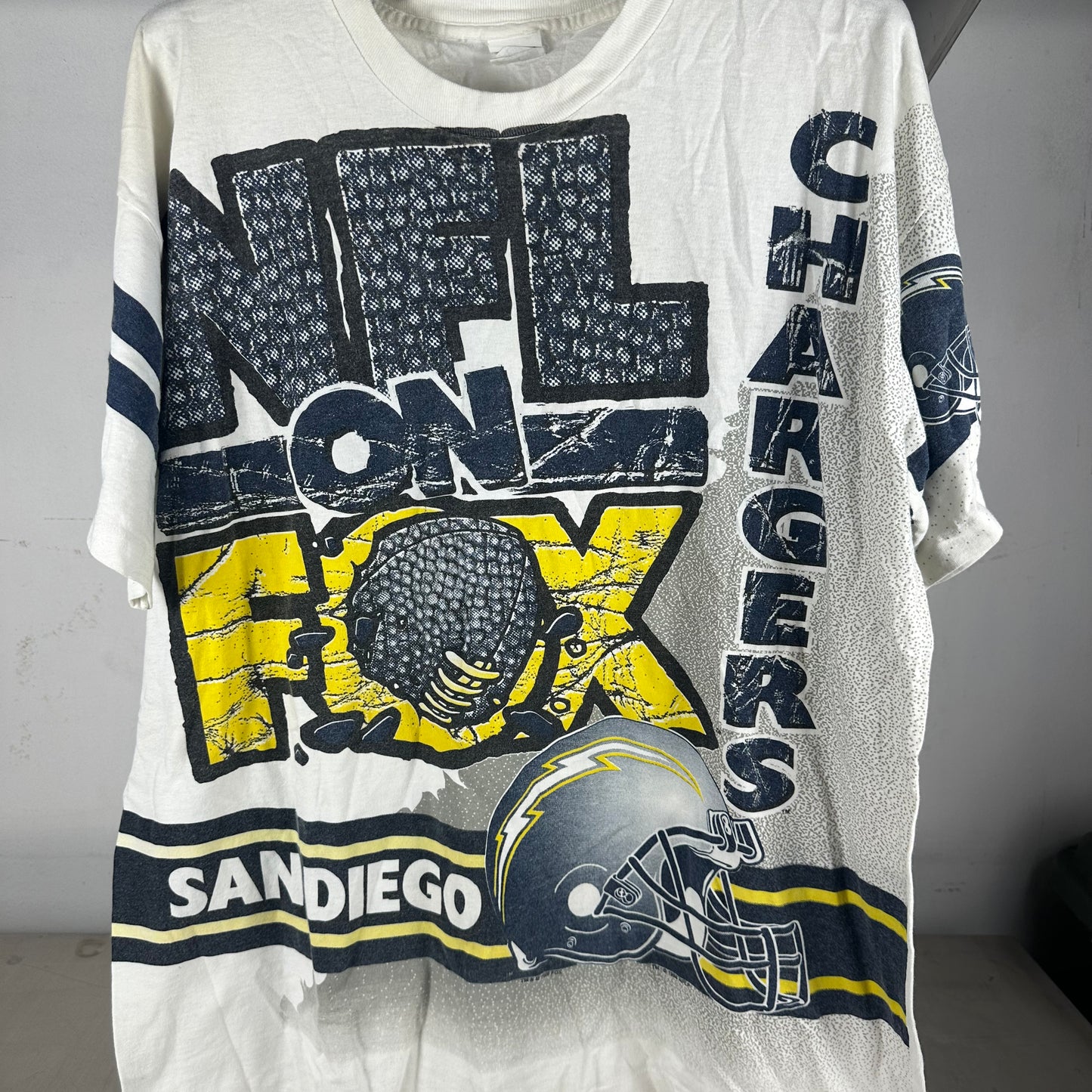Vintage 1996 San Diego Chargers NFL On Fox AOP Single Stitch T-shirt