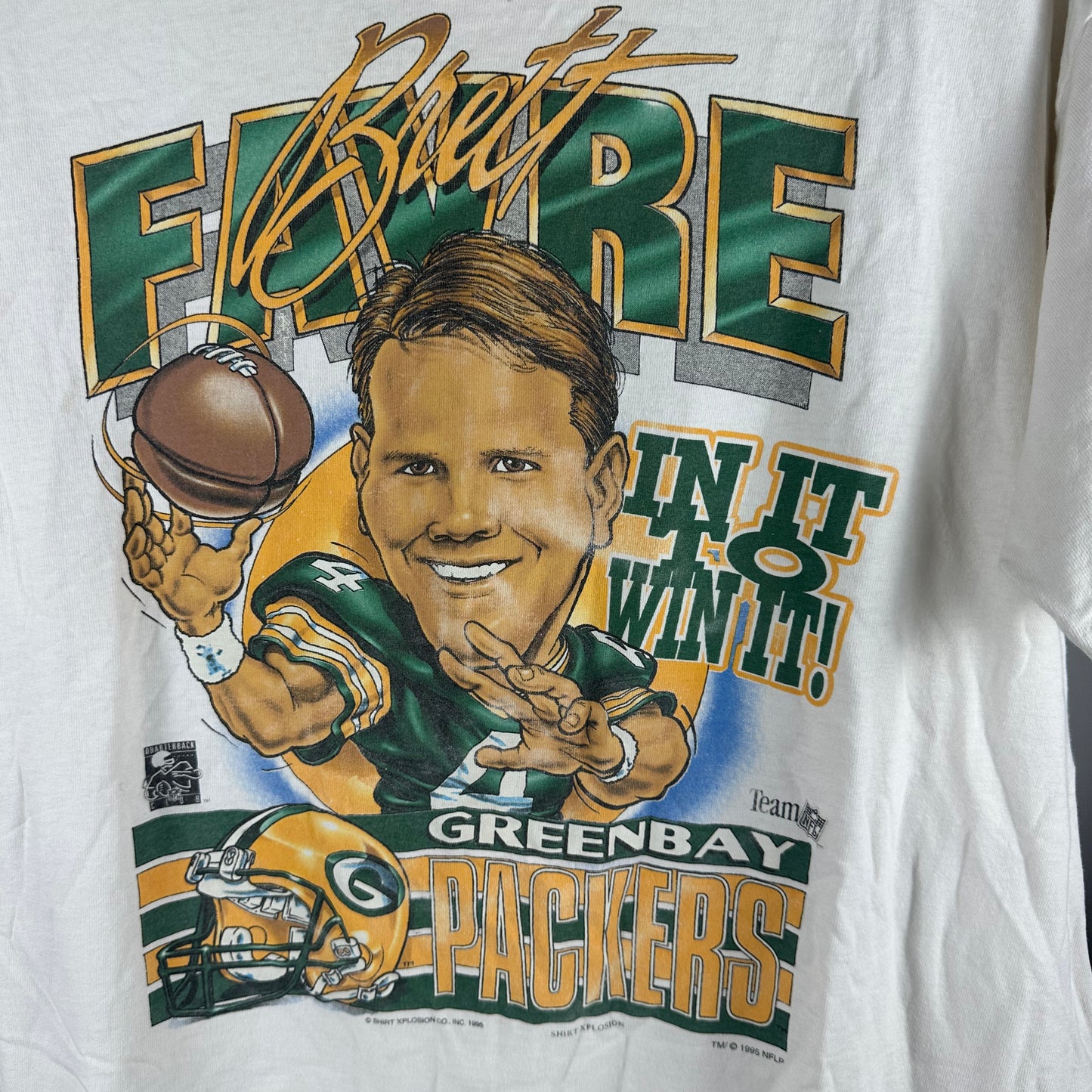Vintage 1995 Brett Favre Green Bay Packers NFL Caricature Single Stitch T-shirt