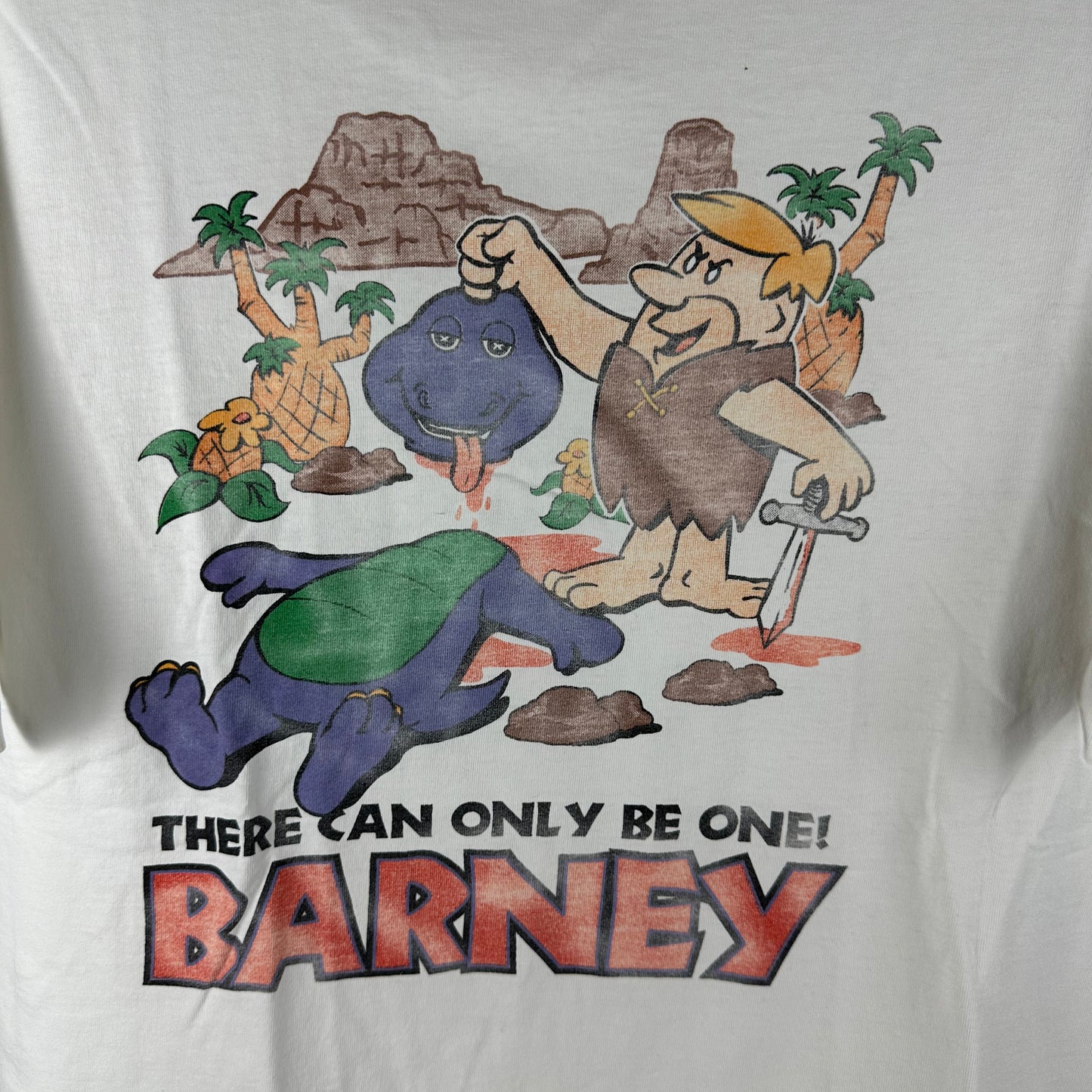 Vintage 90s There Can Only Be One! Barney Cartoon Parody Graphic T-Shirt