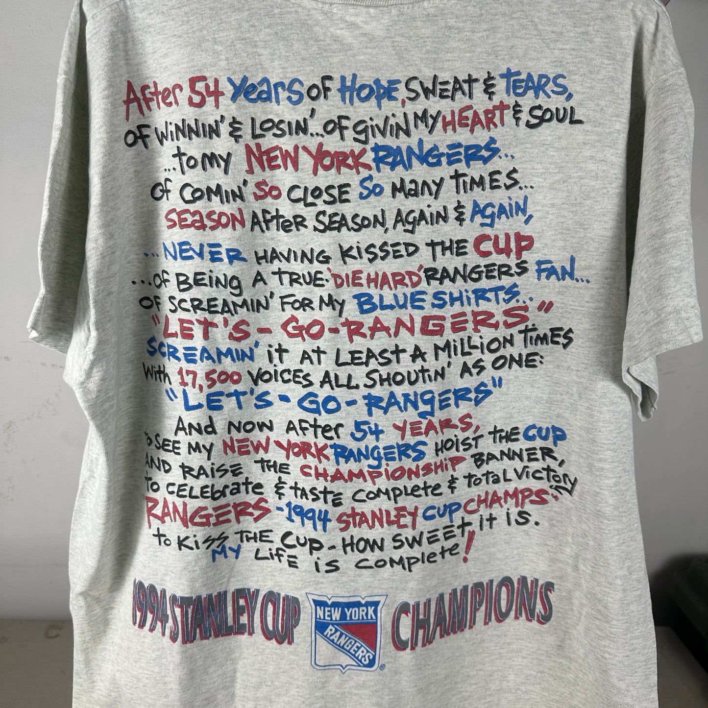 Vintage 1994 New York Rangers NHL Stanley Cup Champions Kiss the Cup T-Shirt