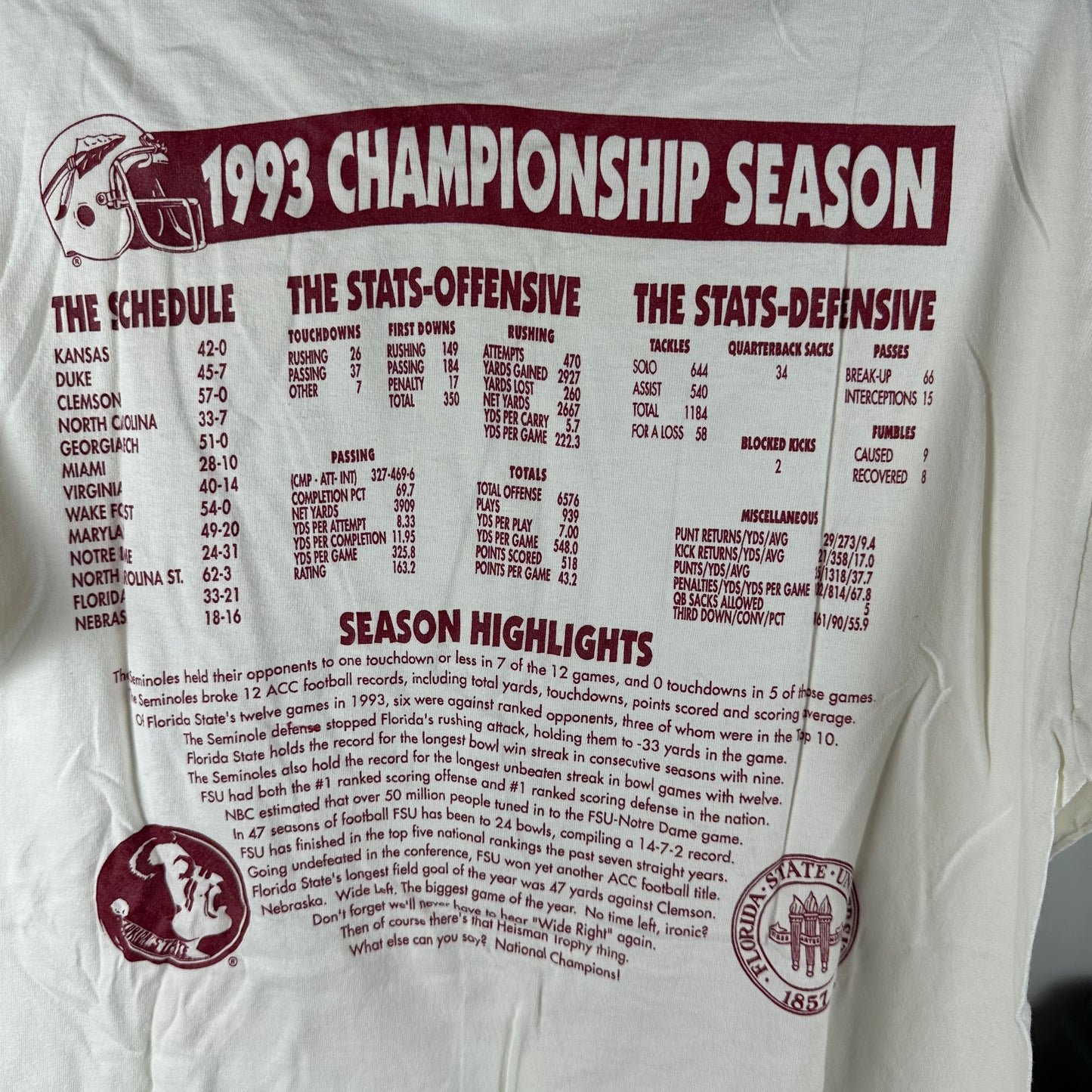 Vintage 1993 FSU Seminoles Football NCAA National Champions Single Stitch T-Shirt
