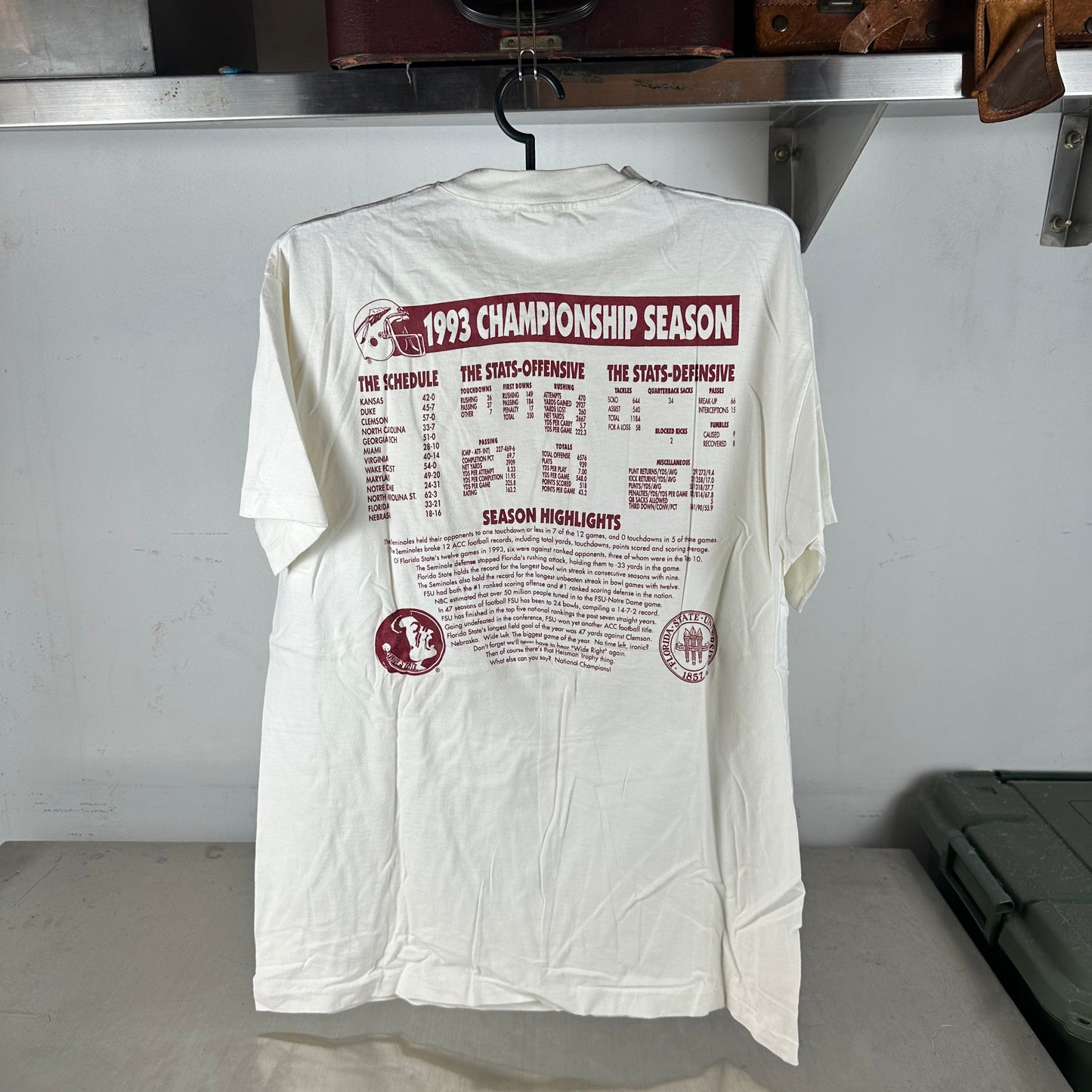 Vintage 1993 FSU Seminoles Football NCAA National Champions Single Stitch T-Shirt