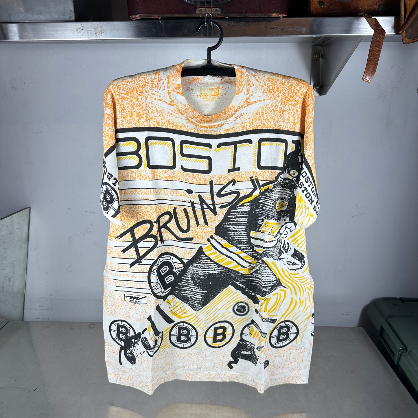 Vintage 1991 Boston Bruins Hockey NHL All Over Print Single Stitch T-Shirt