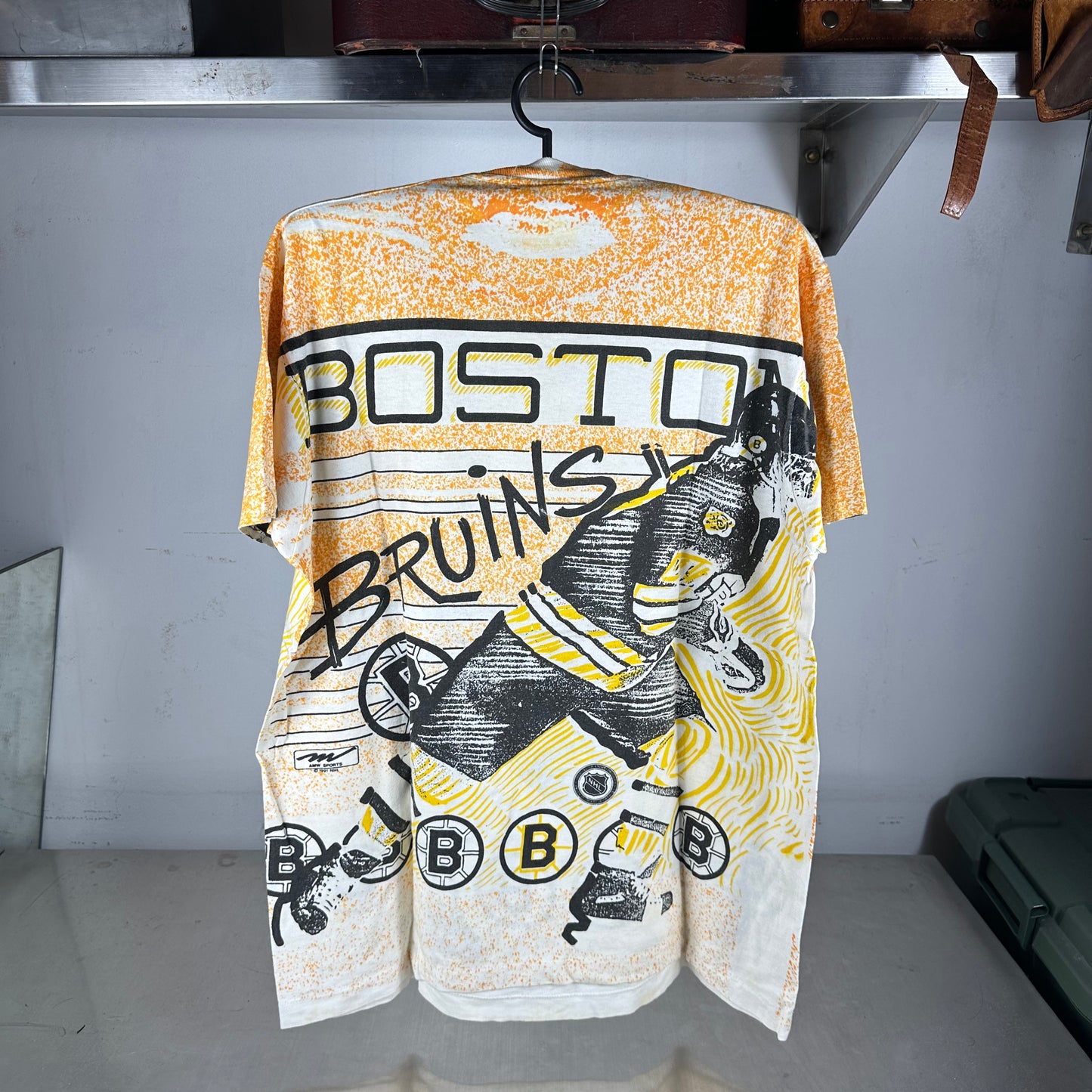Vintage 1991 Boston Bruins Hockey NHL All Over Print Single Stitch T-Shirt