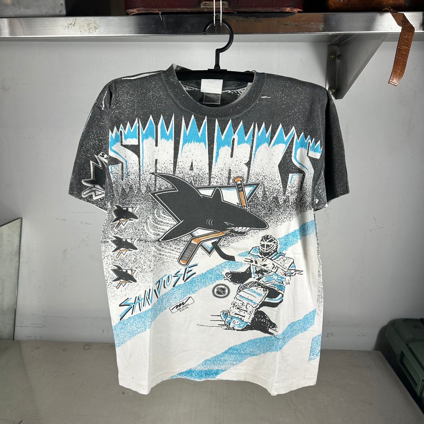 Vintage 1991 San Jose Sharks Hockey NHL All Over Print Single Stitch T-Shirt