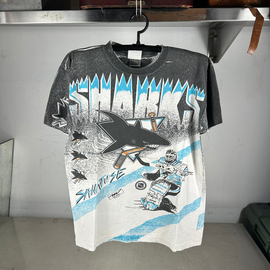 Vintage 1991 San Jose Sharks Hockey NHL All Over Print Single Stitch T-Shirt