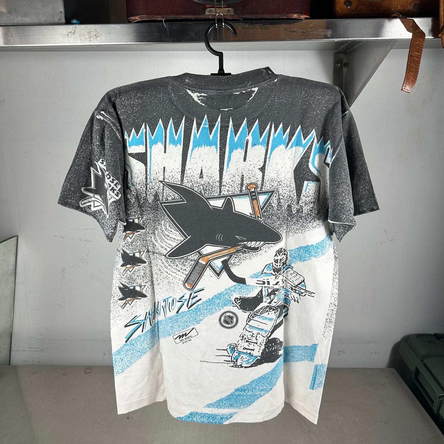Vintage 1991 San Jose Sharks Hockey NHL All Over Print Single Stitch T-Shirt