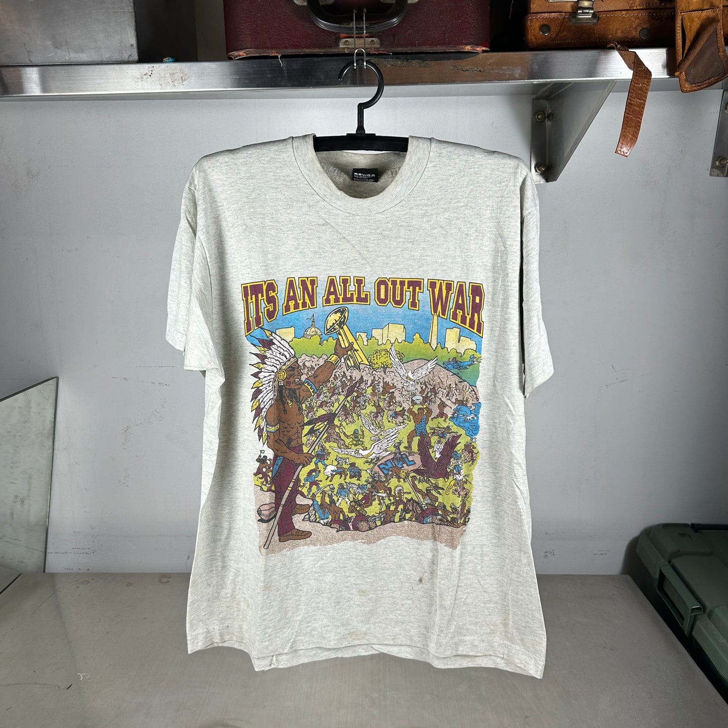 Vintage 80s NFL It's An All Out War Football Mascot Artwork Single Stitch T-Shirt