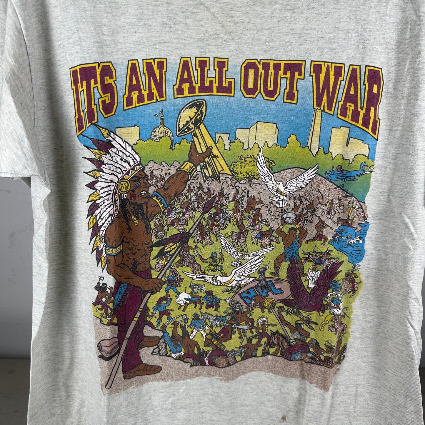 Vintage 80s NFL It's An All Out War Football Mascot Artwork Single Stitch T-Shirt