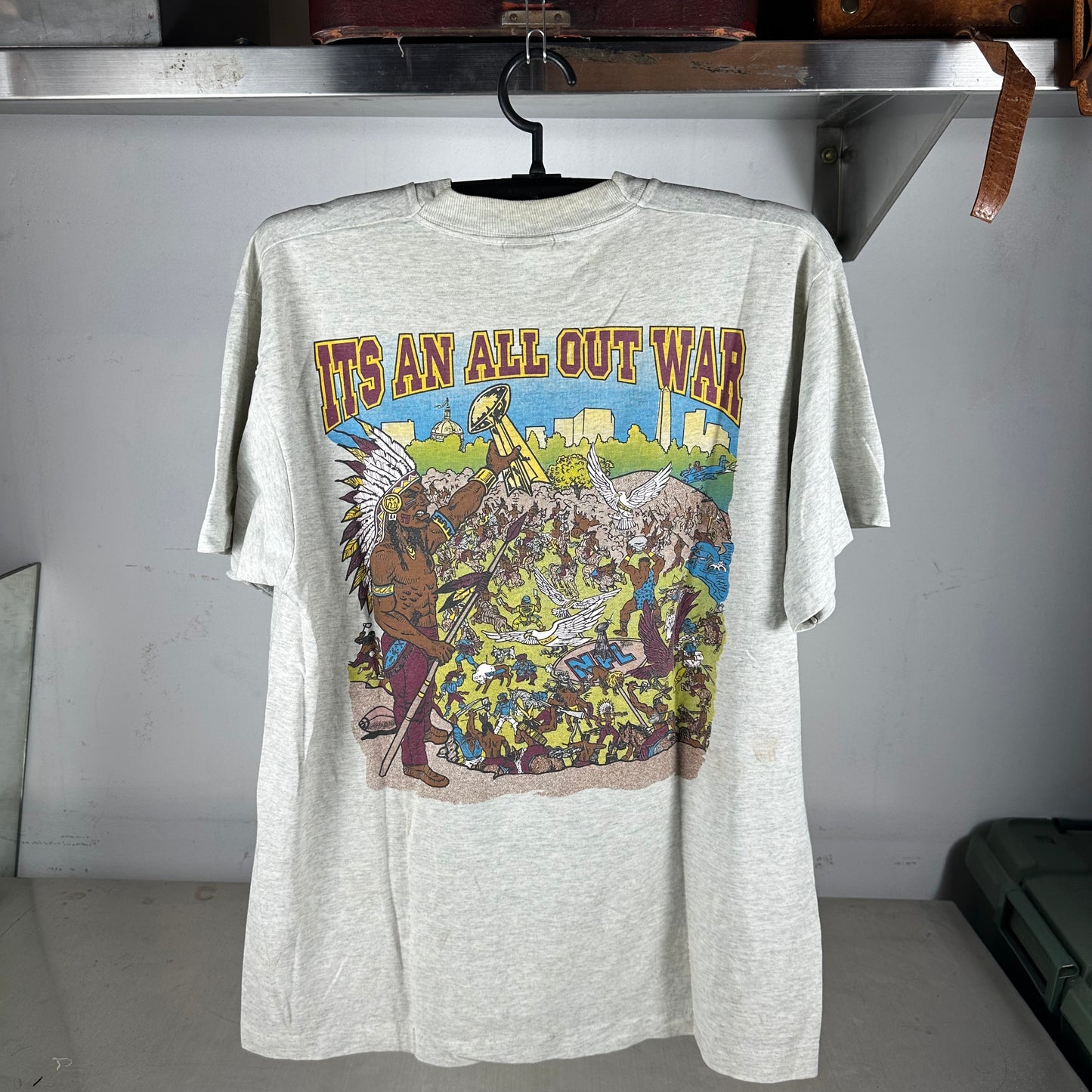 Vintage 80s NFL It's An All Out War Football Mascot Artwork Single Stitch T-Shirt
