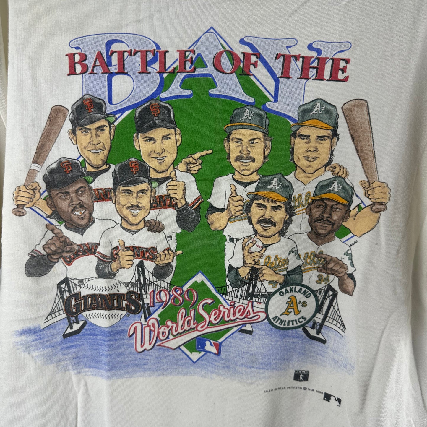 Vintage 1989 MLB World Series Battle of the Bay Caricature Athletics VS Giants T-shirt