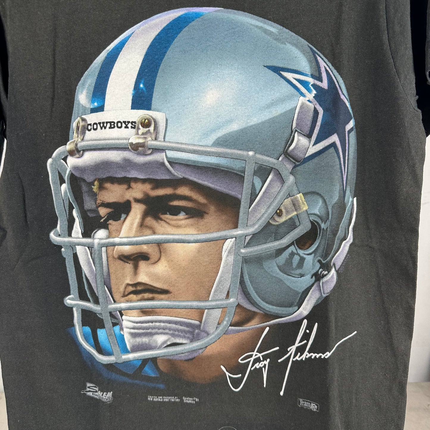 Vintage 1991 Troy Aikman Dallas Cowboys NFL Big Face Graphic T-shirt