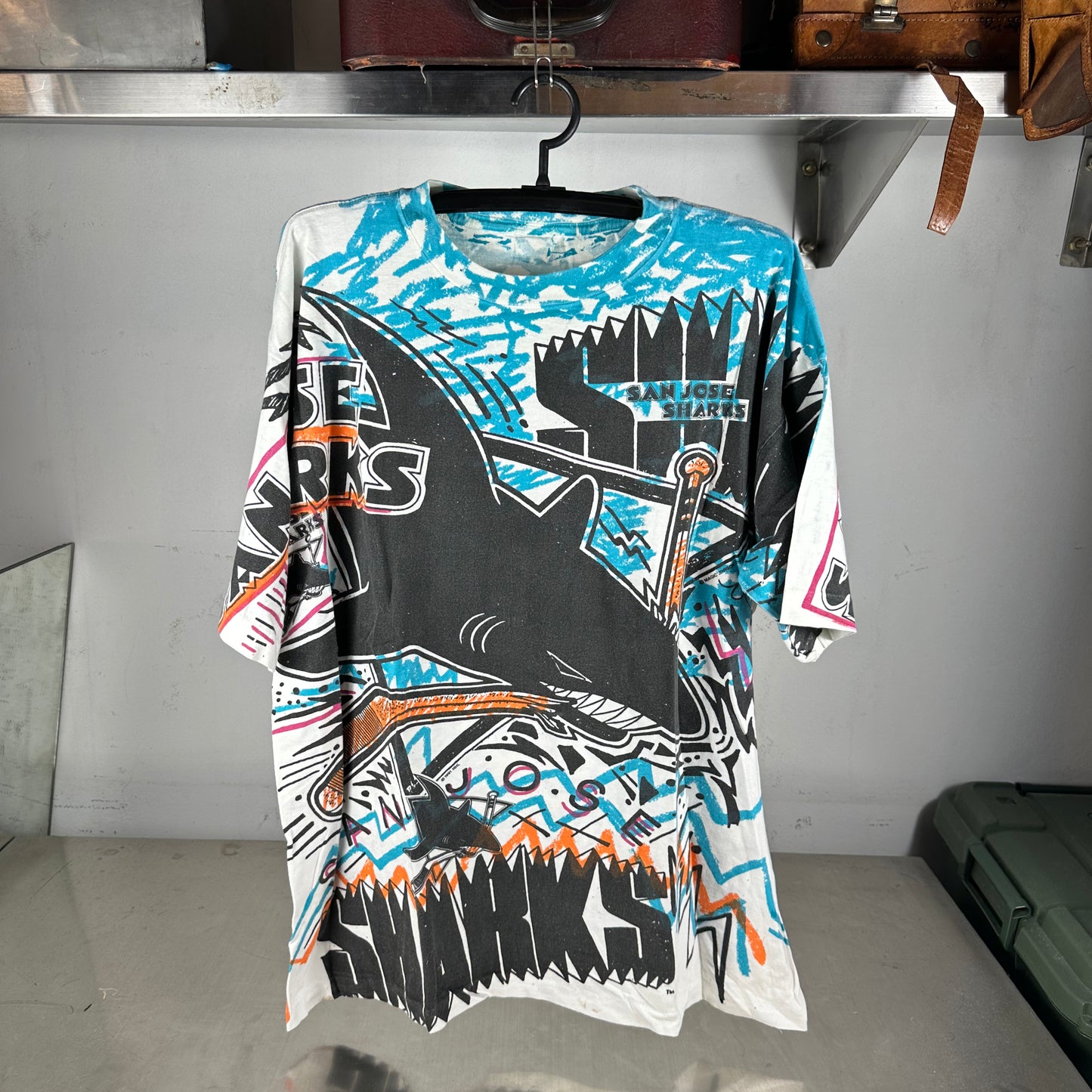 Vintage 1991 San Jose Sharks Hockey NHL AOP Single Stitch T-Shirt