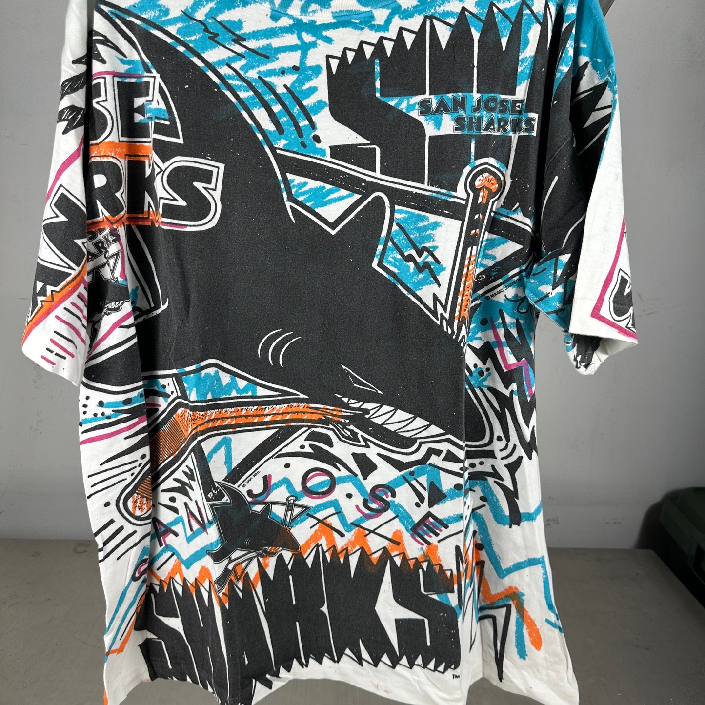 Vintage 1991 San Jose Sharks Hockey NHL AOP Single Stitch T-Shirt