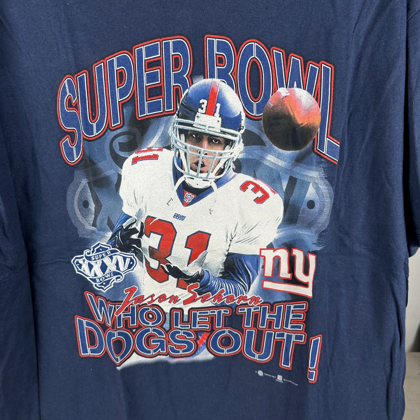Vintage 2001 Jason Sehorn New England Patriots Who Let The Dog Out! NFL T-Shirt