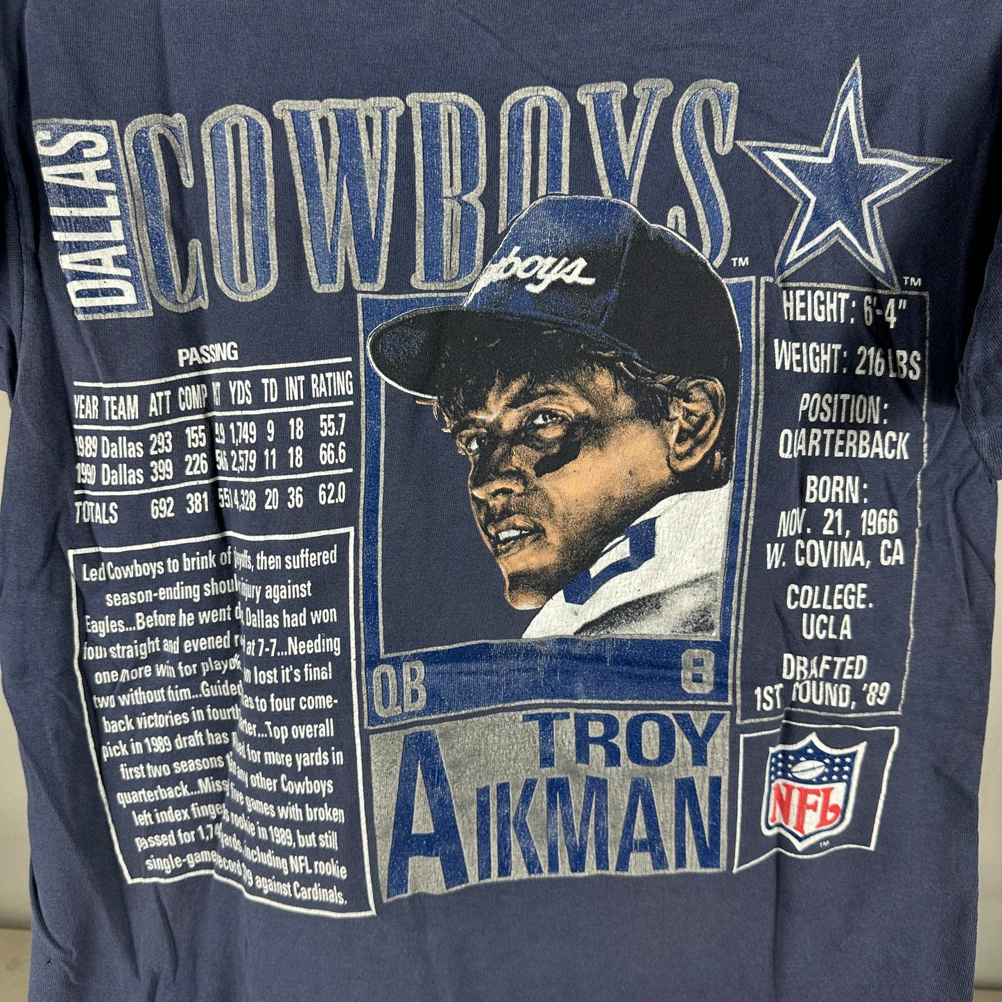 Vintage 90s Troy Aikman Dallas Cowboys NFL Nutmeg Single Stitch T-Shirt