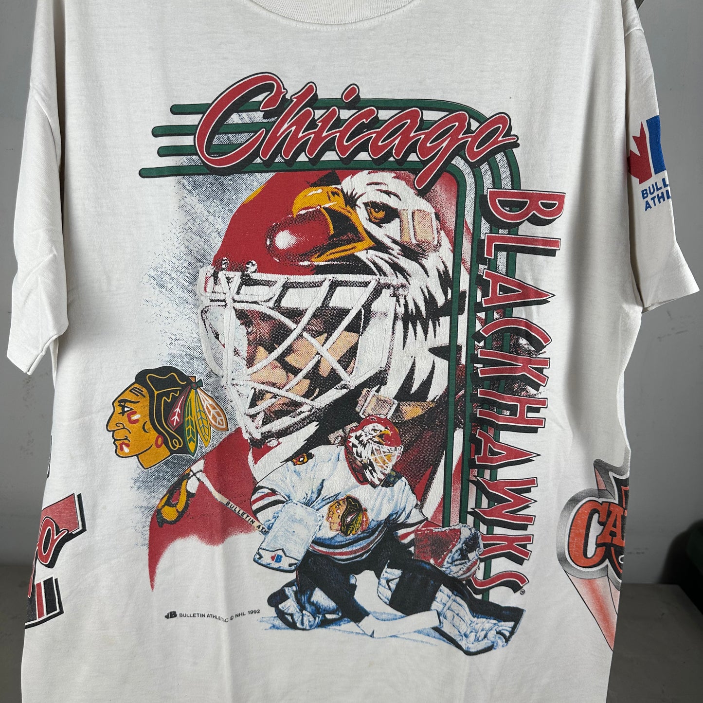 Vintage 1992 Chicago Blackhawks NHL Bulletin Athletic AOP Single Stitch T-Shirt