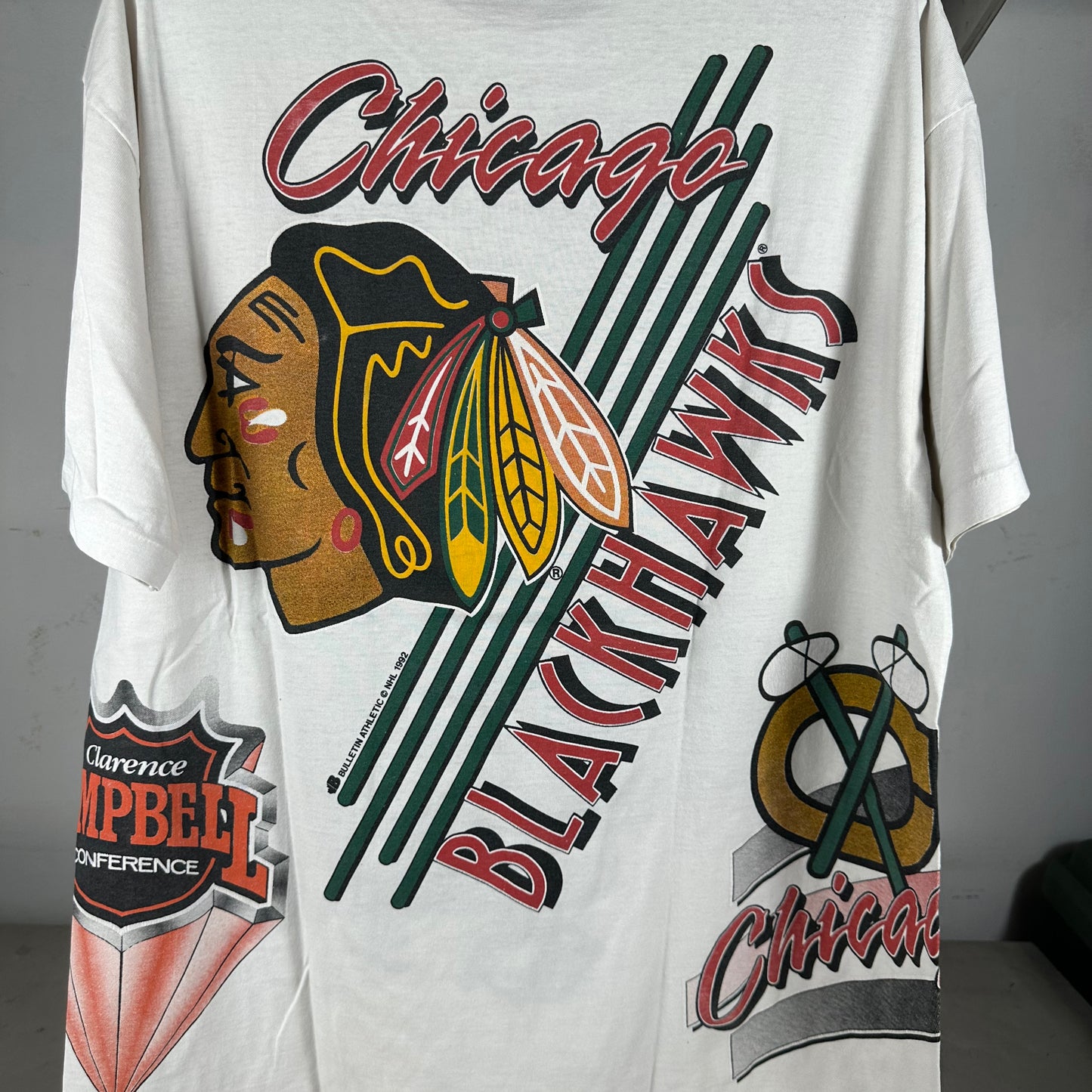 Vintage 1992 Chicago Blackhawks NHL Bulletin Athletic AOP Single Stitch T-Shirt