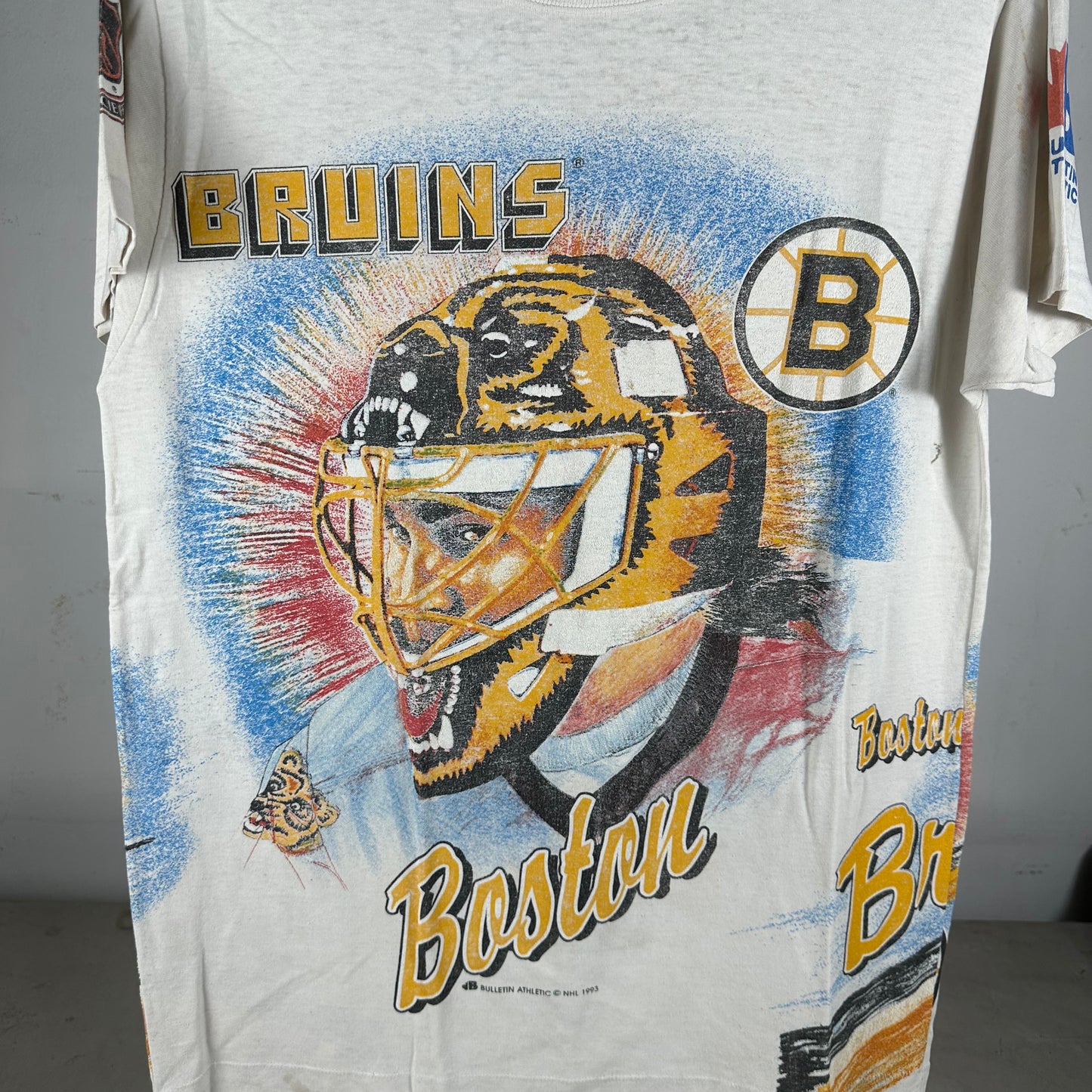 Vintage 1993 Boston Bruins Bulletin Athletic NHL AOP Single Stitch T-Shirt