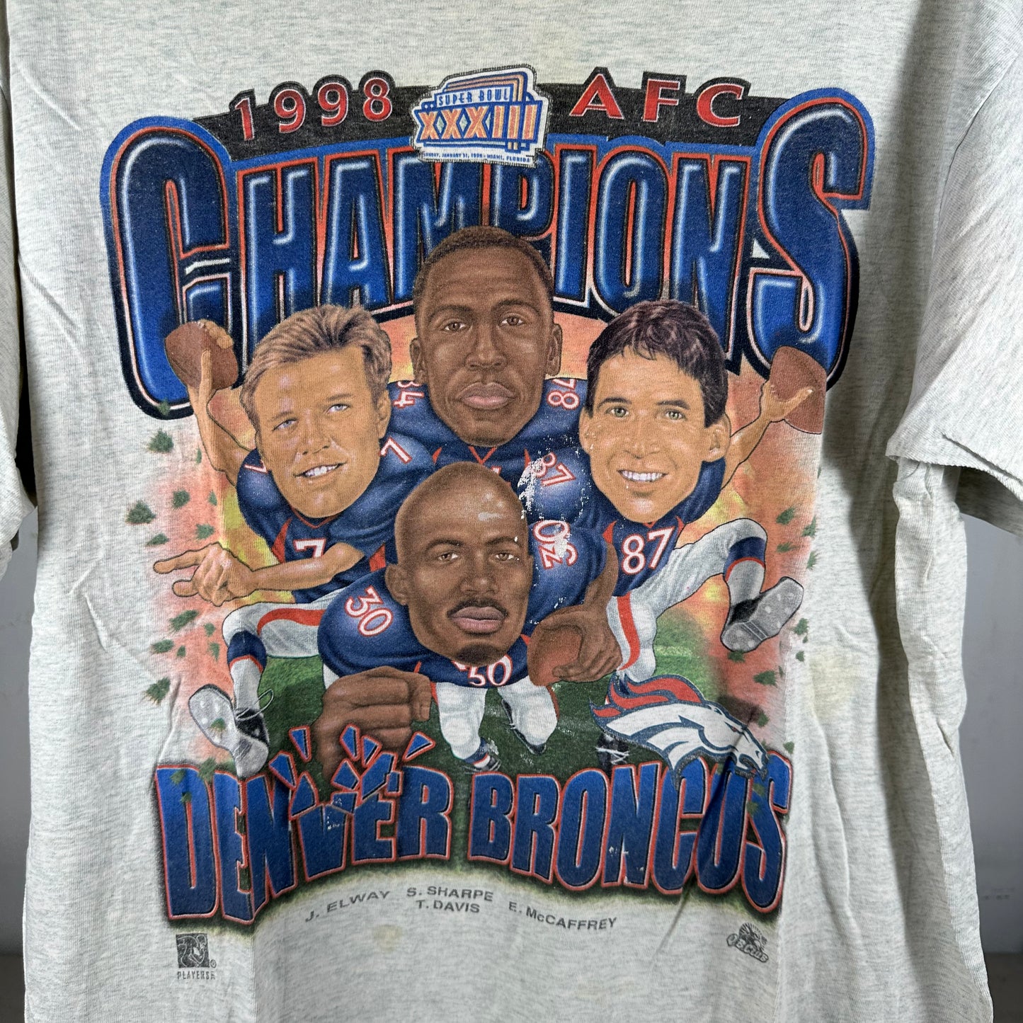 Vintage 1998 Denver Broncos NFL AFC Champions Caricature Single Stitch T-Shirt
