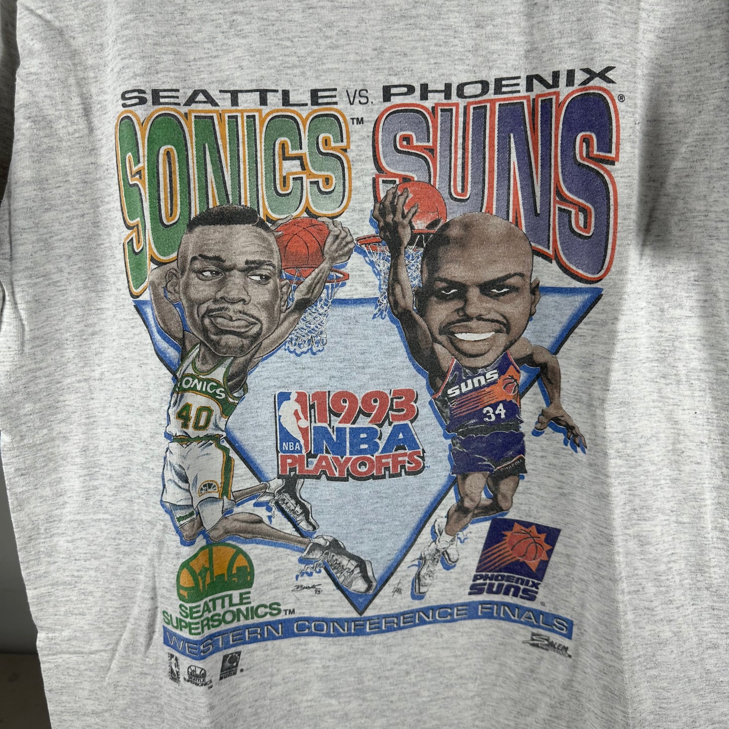 Vintage 1993 NBA Playoffs Supersonics VS Suns Caricature Salem Sportswear T-Shirt