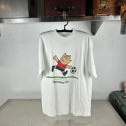 Vintage 1992 Barcelona Olympics Cobi Mascot Soccer Graphic T-shirt
