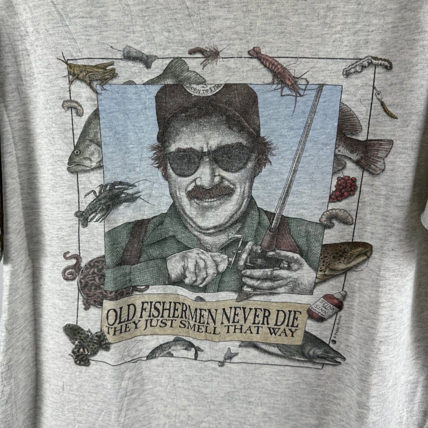 Vintage 90s Peggy Murray Old Fishermen Never Die Fishing Graphic T-shirt