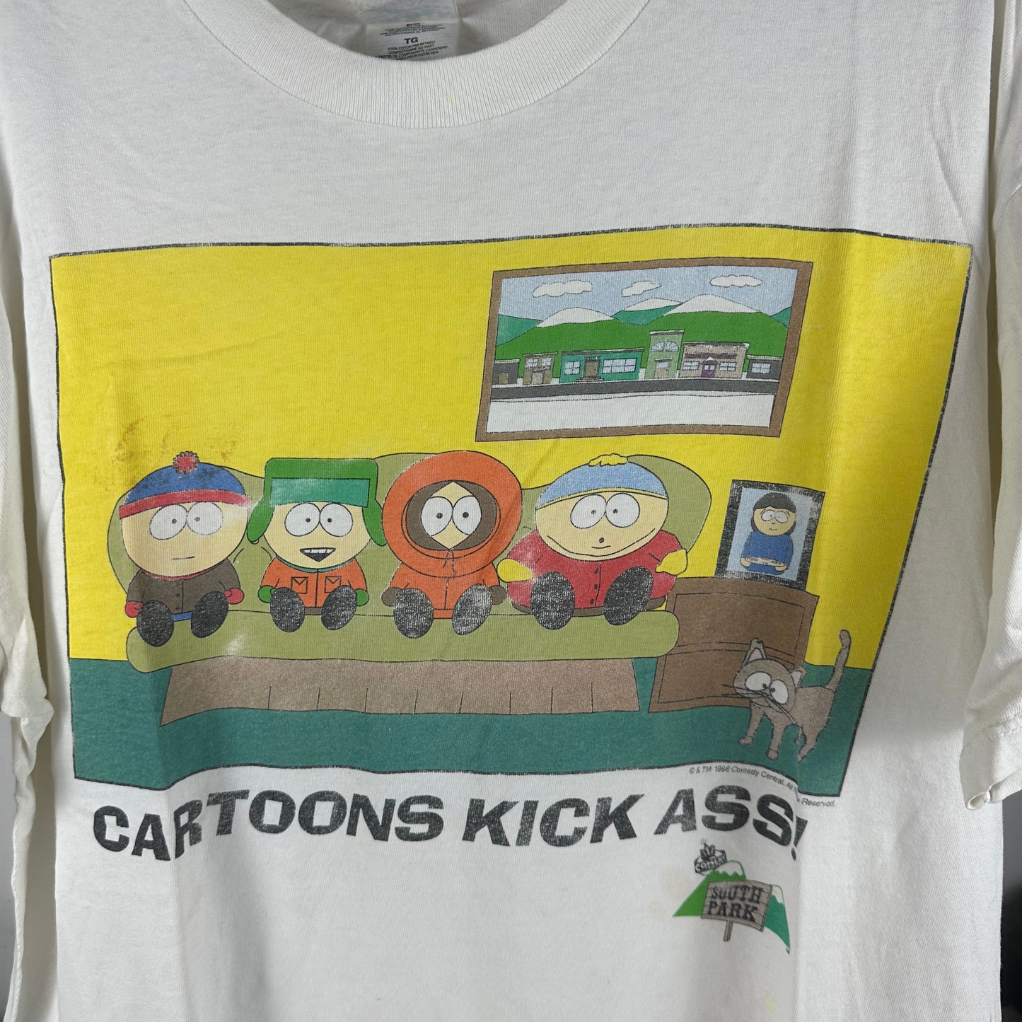 Vintage 1998 South Park Cartoons Kick Ass! TV Show Promo T-Shirt
