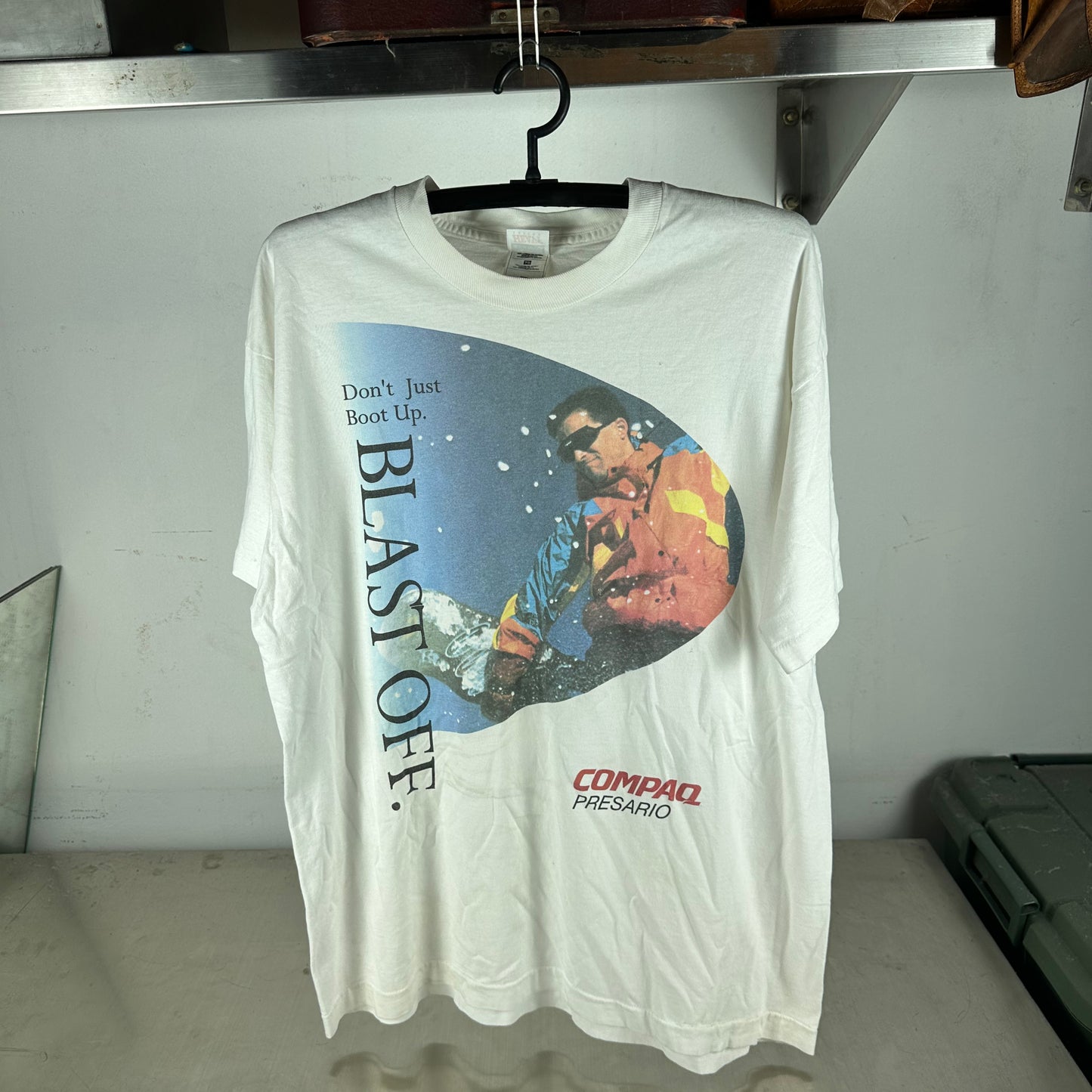 Vintage 90s Compaq Presario Computer Don't Just Boot Up Blast Off Promo T-Shirt