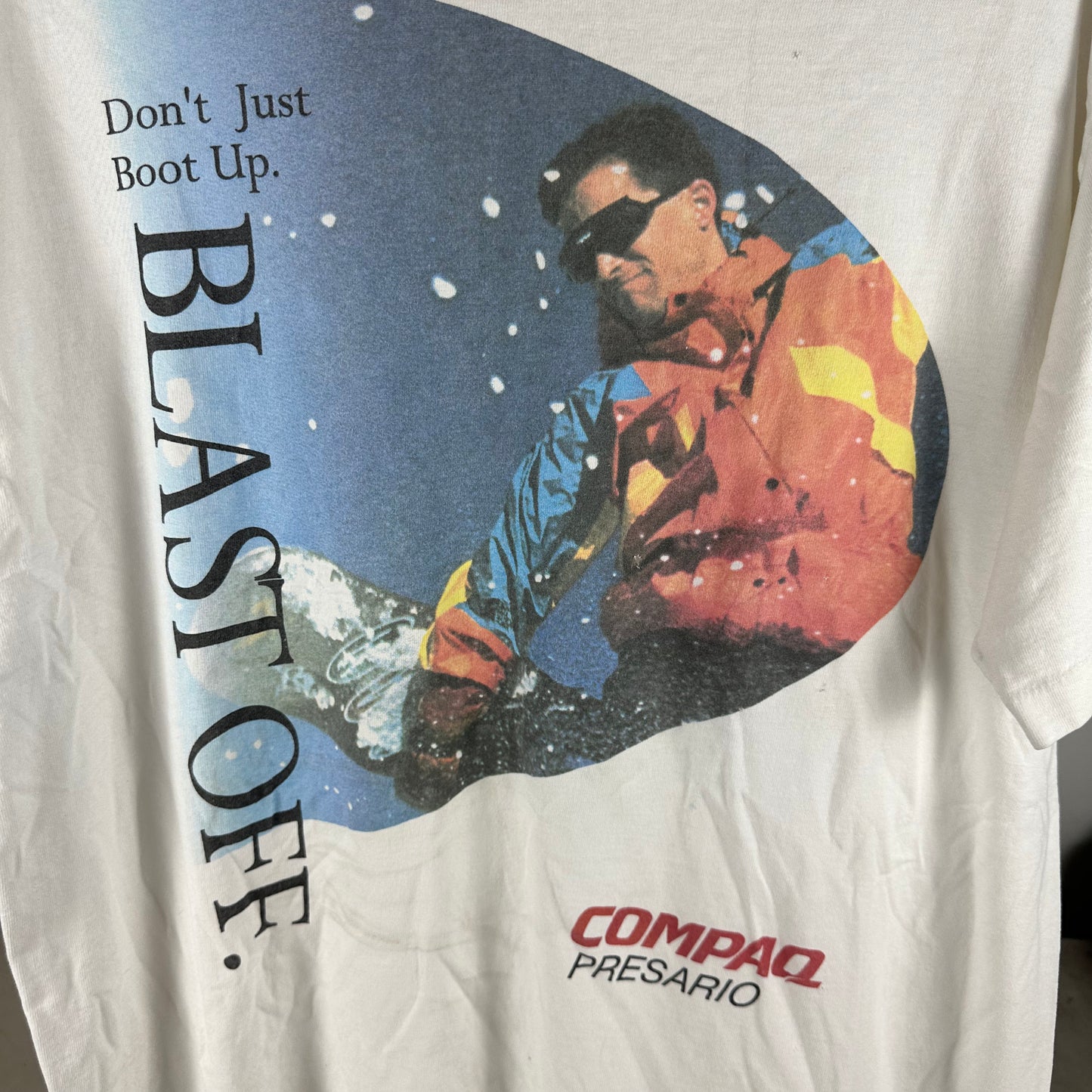 Vintage 90s Compaq Presario Computer Don't Just Boot Up Blast Off Promo T-Shirt
