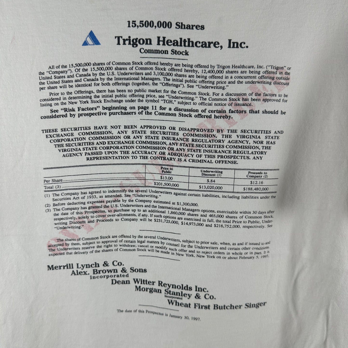 Vintage 1997 Common Stock Trigon Healthcare Inc Agreement Single Stitch T-Shirt