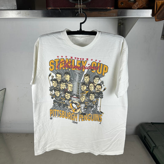 Vintage 1991 Pittsburgh Penguins Stanley Cup Champions NHL Caricature T-Shirt