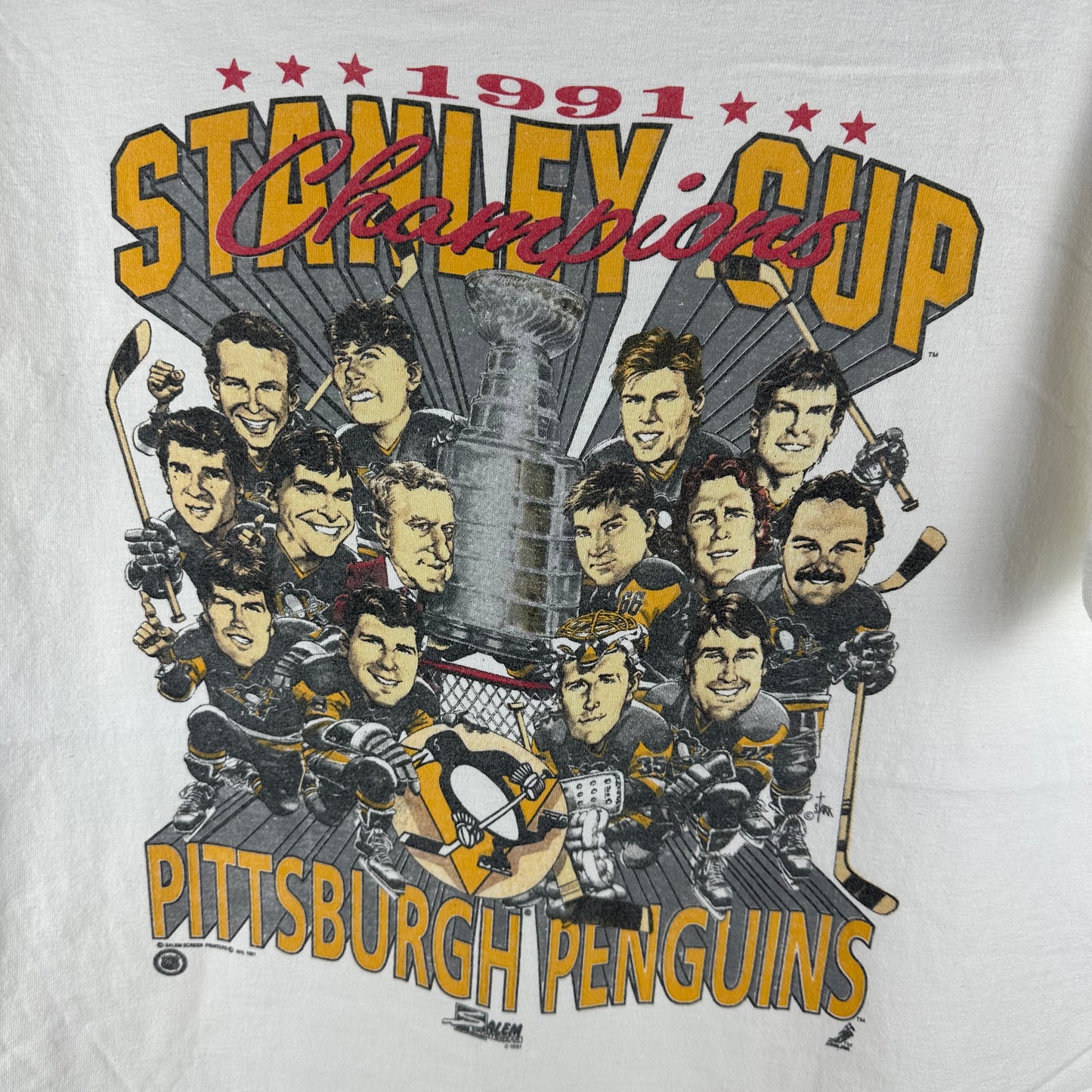 Vintage 1991 Pittsburgh Penguins Stanley Cup Champions NHL Caricature T-Shirt