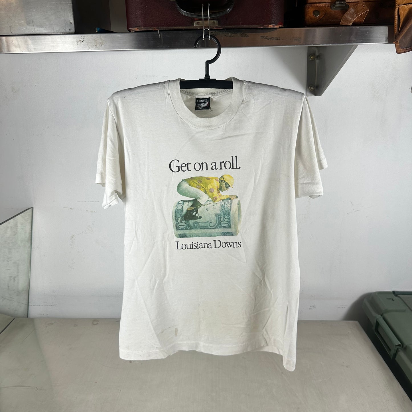 Vintage 80s Get On a Roll Louisiana Downs Graphic Single Stitch T-Shirt