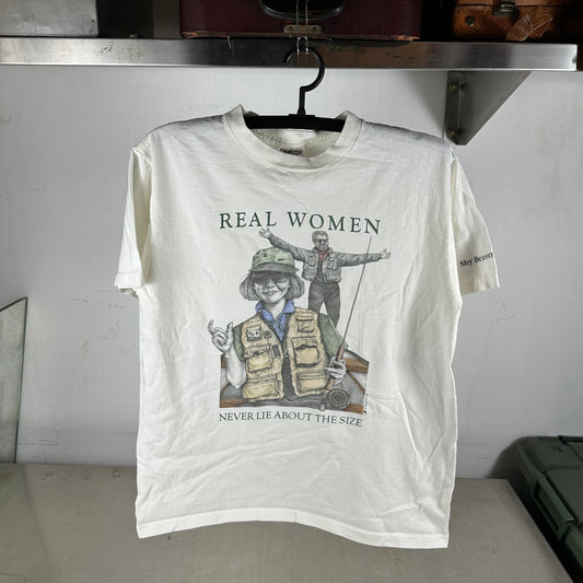Vintage 90s Peggy Murray Real Women Never Lie About the Size Fishing Humor T-Shirt
