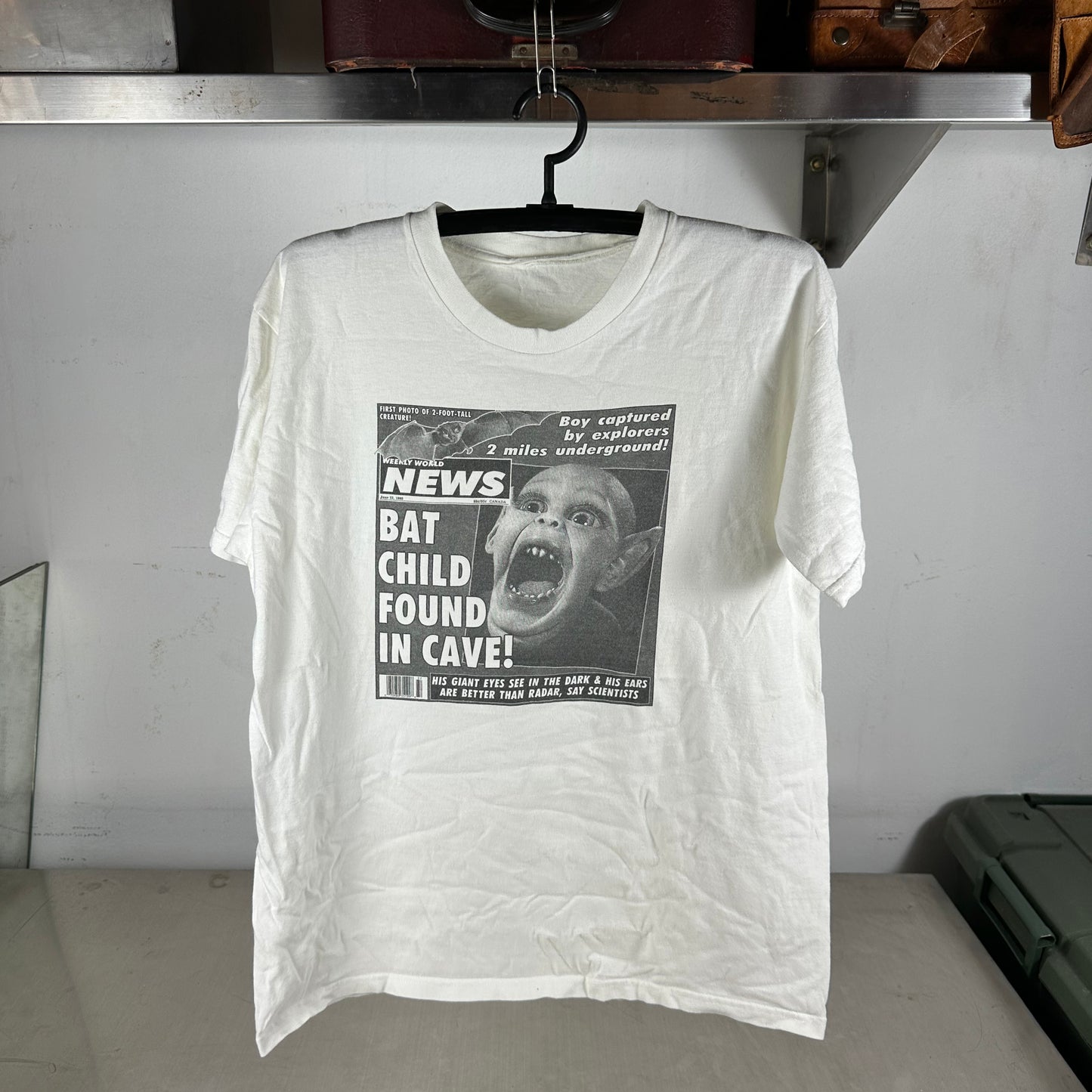 Vintage 1992 Bat Child Found in Cave! Newspaper Travis Scott Graphic T-Shirt