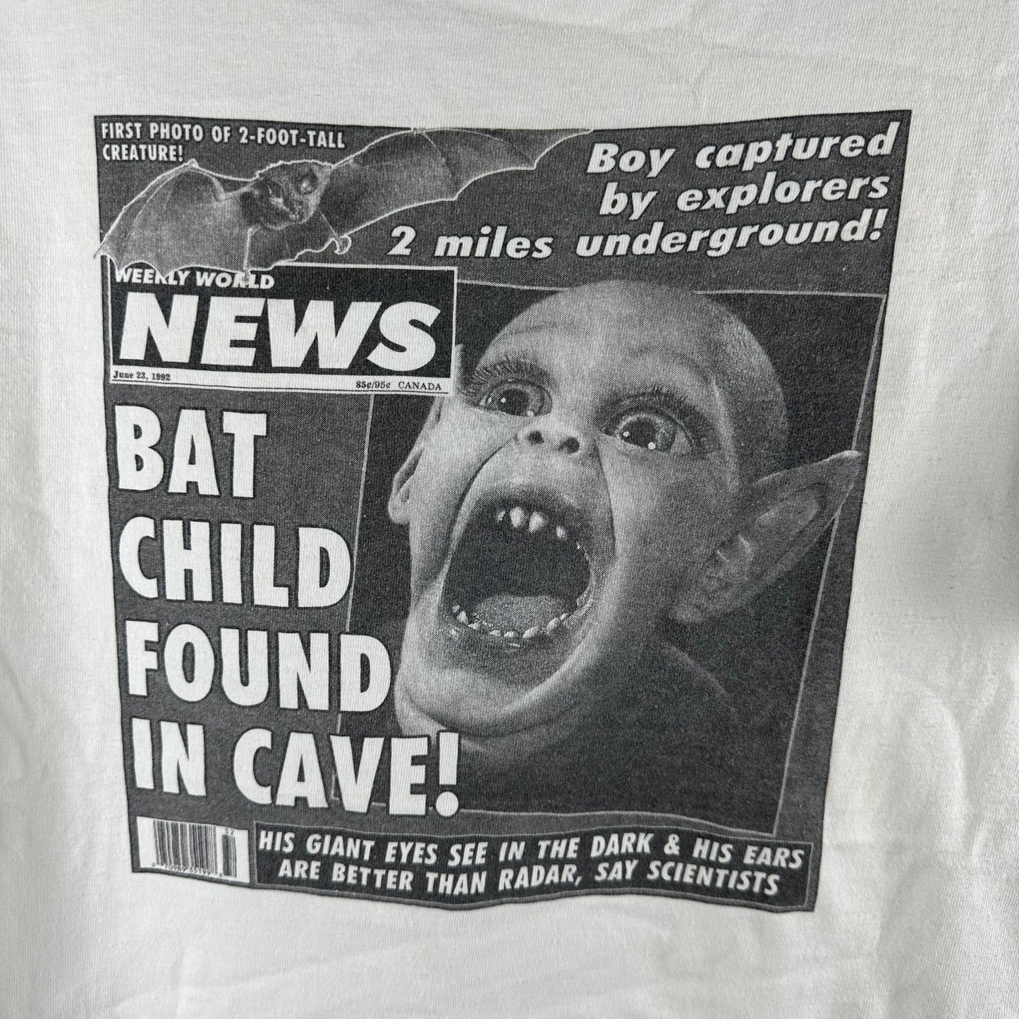Vintage 1992 Bat Child Found in Cave! Newspaper Travis Scott Graphic T-Shirt