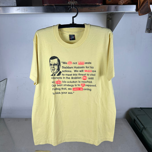 Vintage 80s War Humor Oil Saddam Hussein Typography Single Stitch T-Shirt