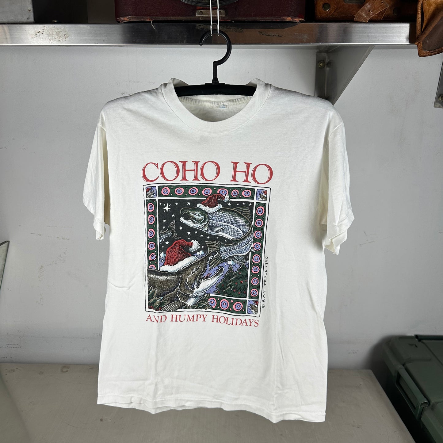 Vintage 1990 Coho Ho and Humpy Holidays Ray Troll Fishing Graphic Single Stitch T-Shirt