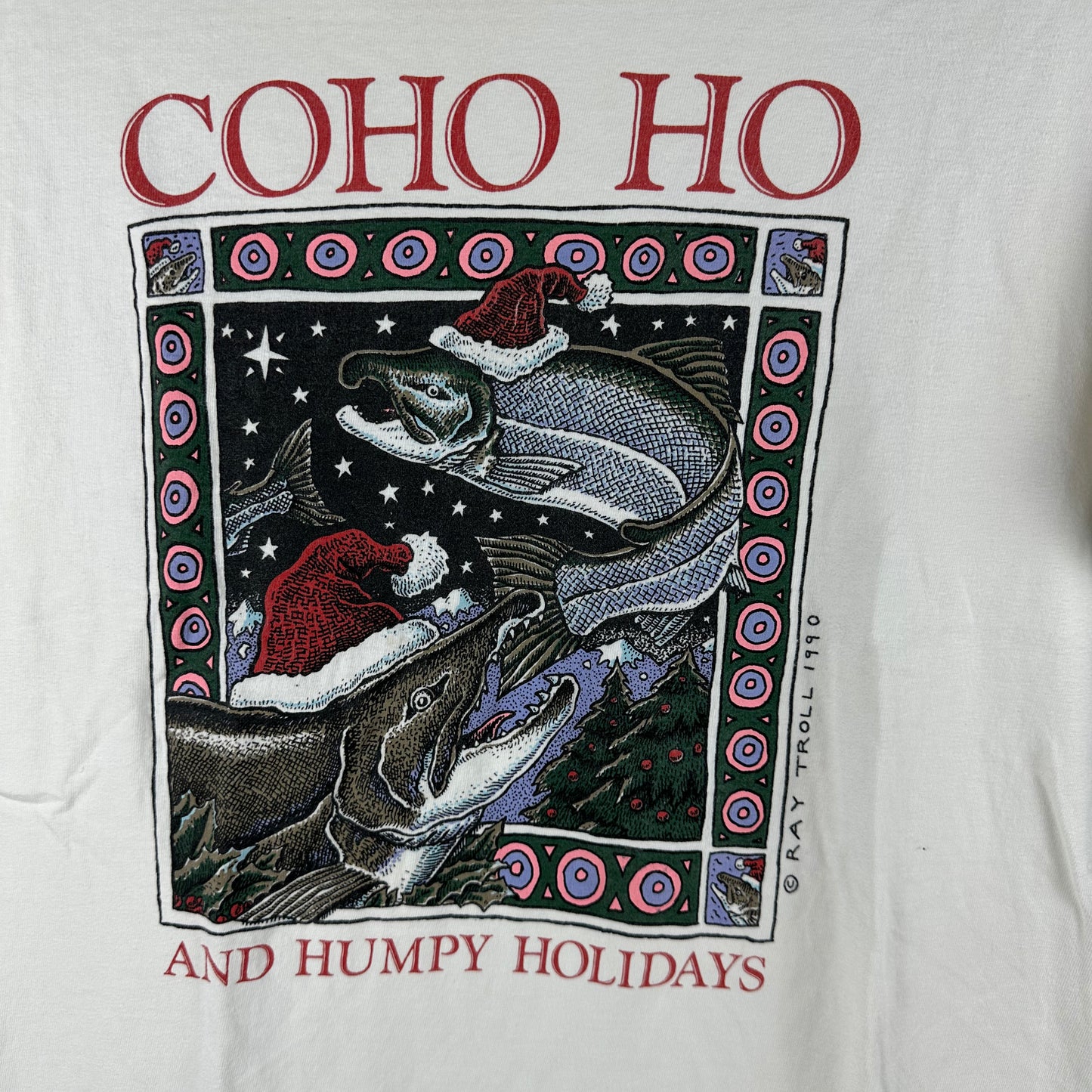 Vintage 1990 Coho Ho and Humpy Holidays Ray Troll Fishing Graphic Single Stitch T-Shirt