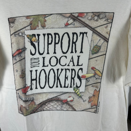 Vintage 90s Peggy Murray Support Your Local Hookers Fishing Humor Single Stitch T-Shirt