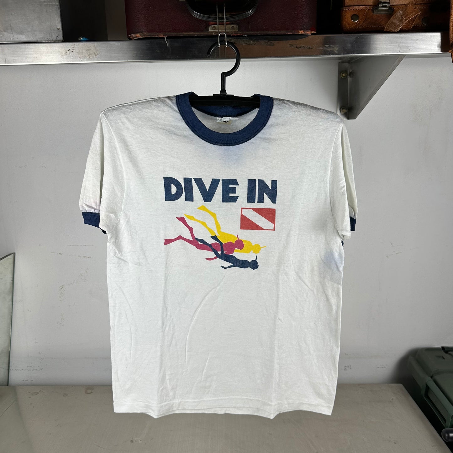 Vintage 80s Dive In Double Sided Graphic Single Stitch Ringer T-Shirt
