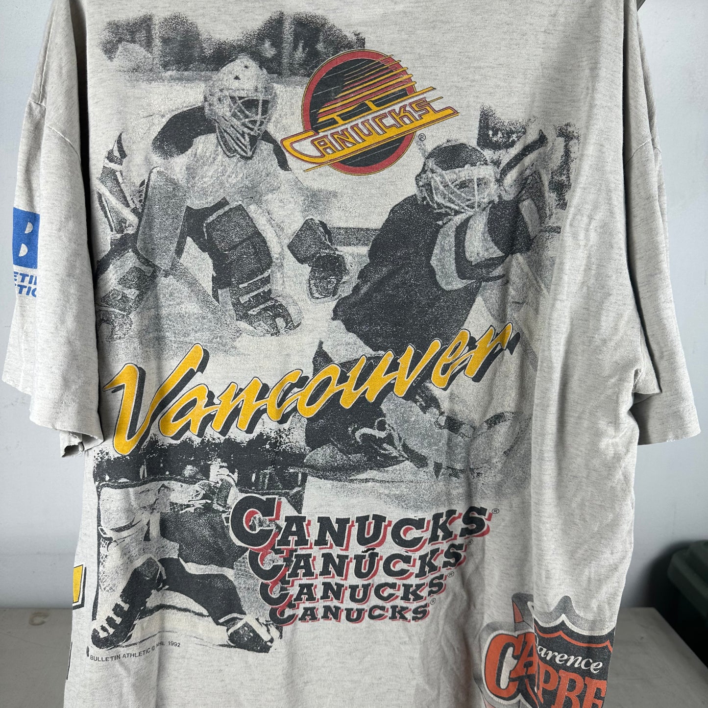 Vintage 1993 Vancouver Canucks Hockey Bulletin Athletic AOP NHL T-Shirt