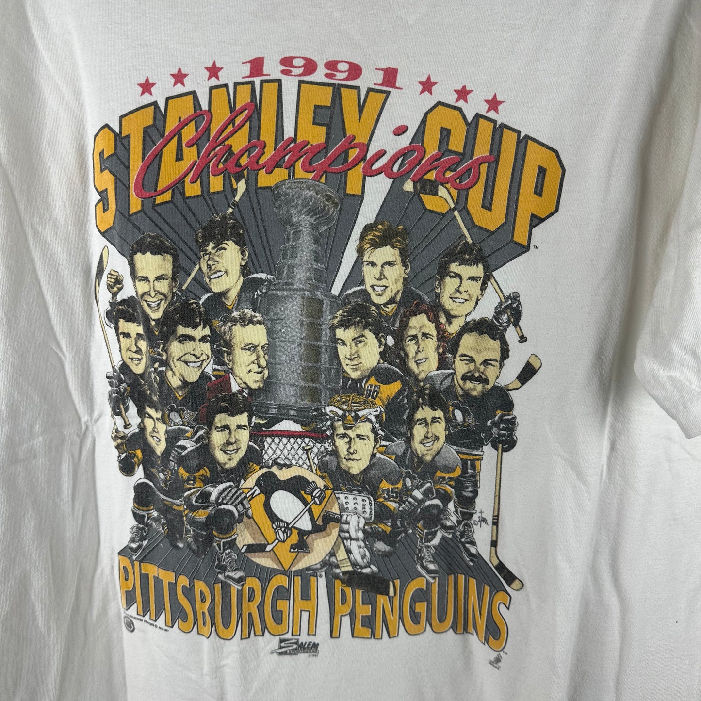 Vintage 1991 Pittsburgh Penguins Stanley Cup Champions NHL Caricature T-Shirt