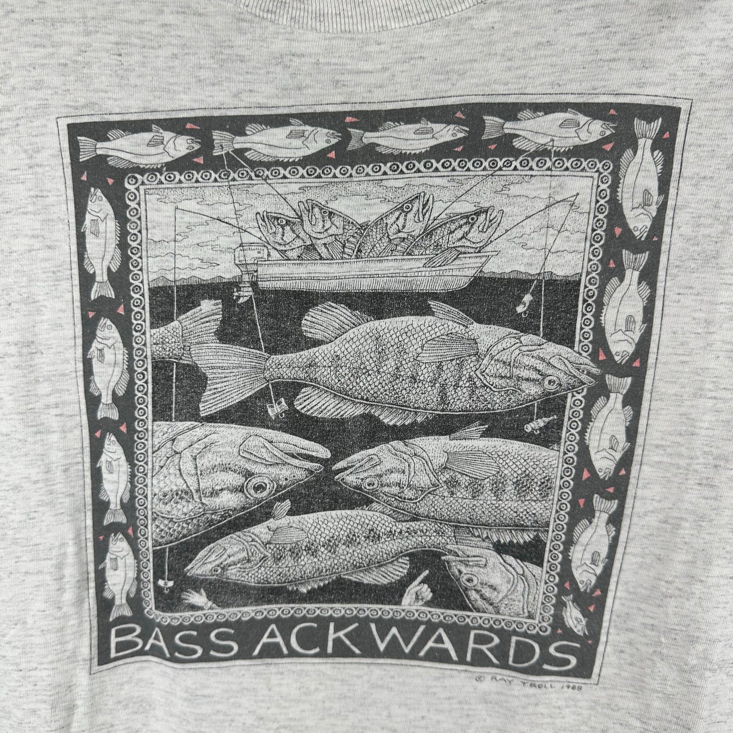Vintage 1988 Ray Troll Bass Ackwards Fish Artwork Graphic Single Stitch T-shirt